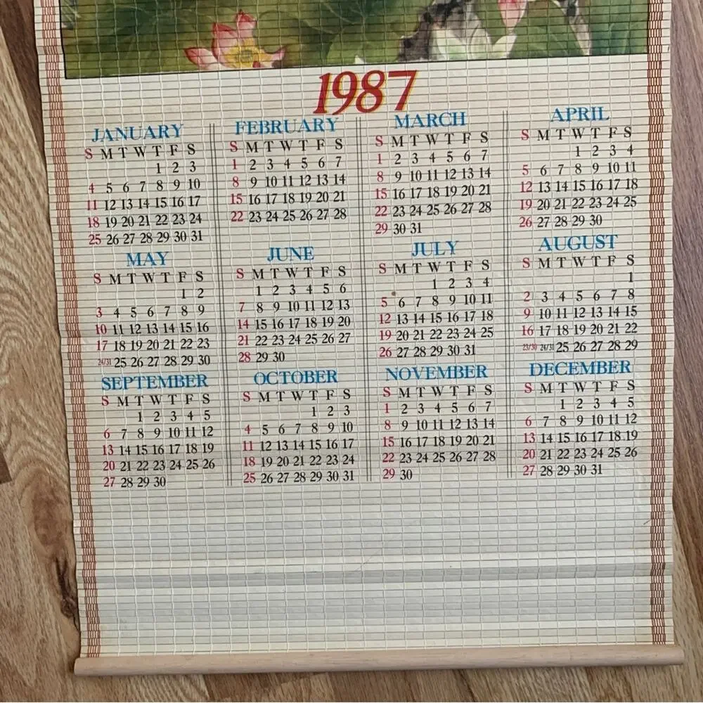 1987 Chinese Bamboo Calendar 2 Girls Tree Lotus Collectible
